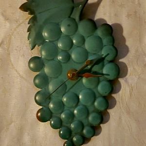 Vintage Handmade Solid Copper Patina Blue Clock In A Grapes Motif.